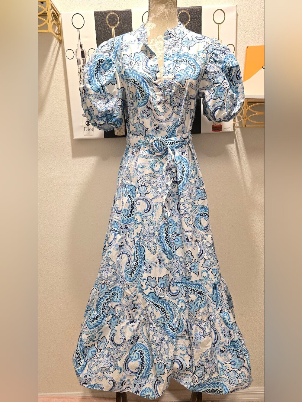 Venus S Blue Paisley Puff-Sleeve Maxi Dress with Self-Tie Waist Belt